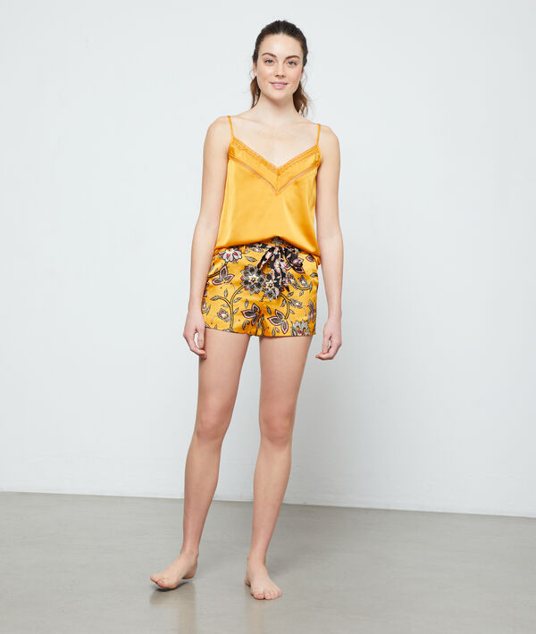 Top satiné liseret dentelle jaune.