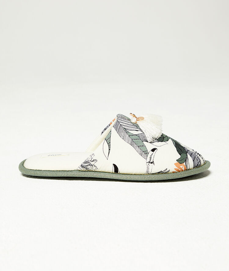Mules imprimé feuillage beige.