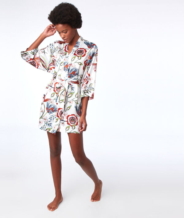 Kimono imprimé végétal ecru.