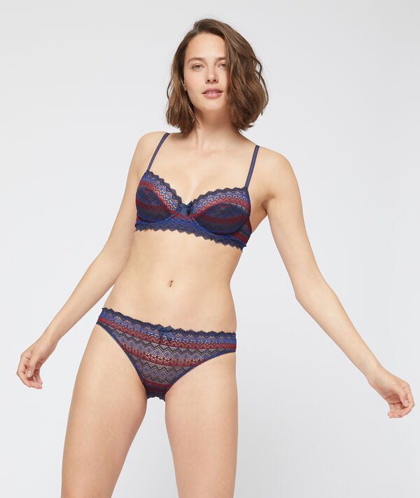 Soutien-gorge corbeille en dentelle géométrique marine.