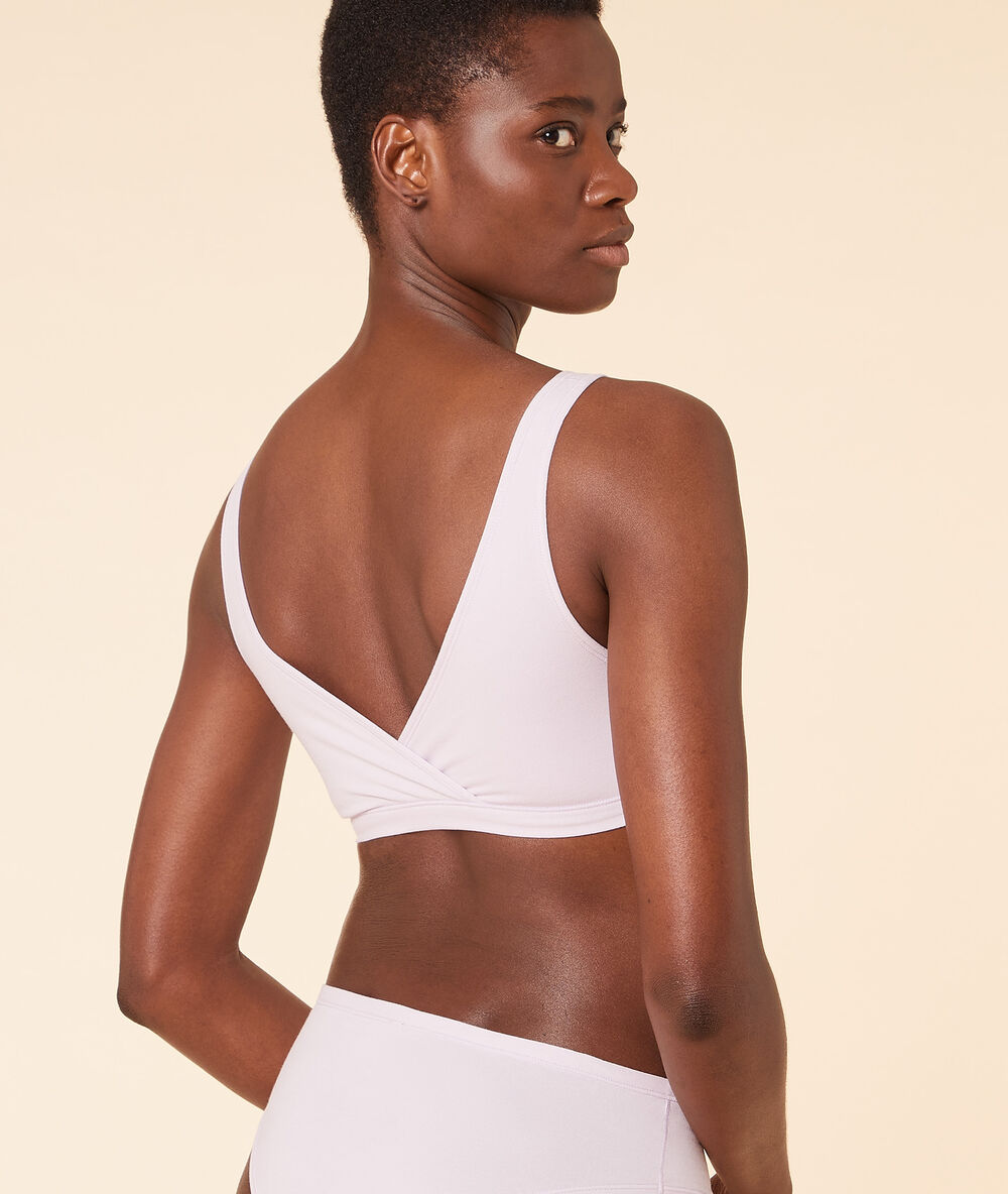 Brassière réversible en coton bio extensible lilas.