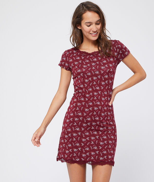 Nuisette imprimé fleuri décolleté dentelle bordeaux.