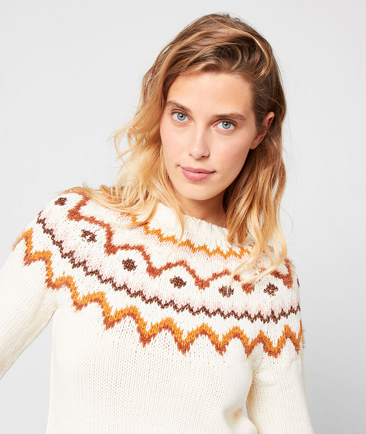 Pull grosse maille motif hivernal ecru.