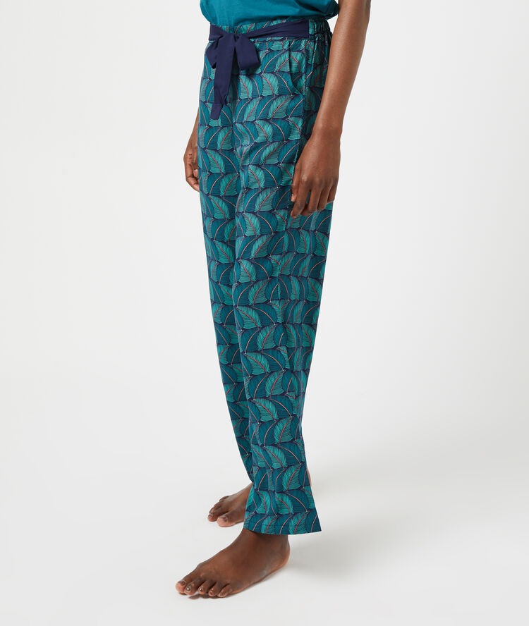 Pantalon imprimé, ceinture satinée bleu canard.