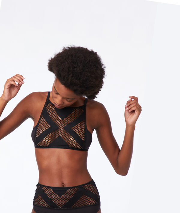 Brassière en dentelle résille, dos en v noir.