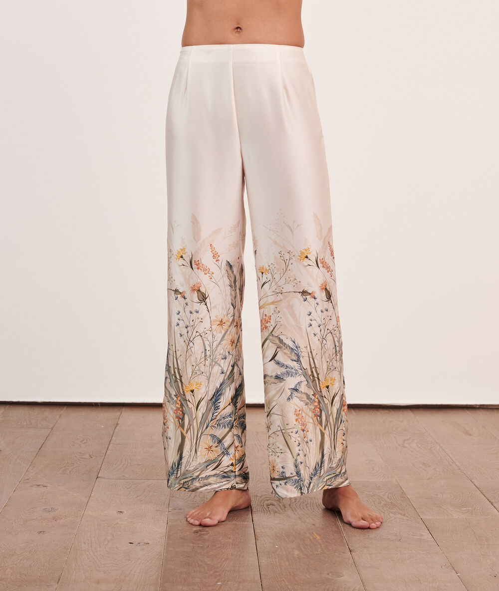 Pantalon satiné imprimé imp fd ecru.