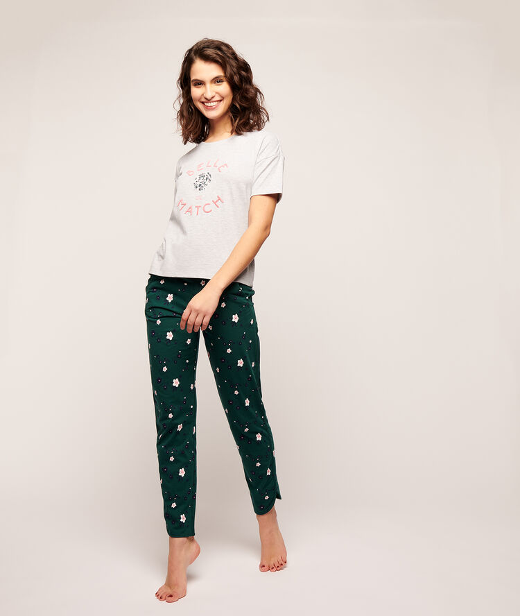 Pantalon imprimé petites fleurs vert fonce.