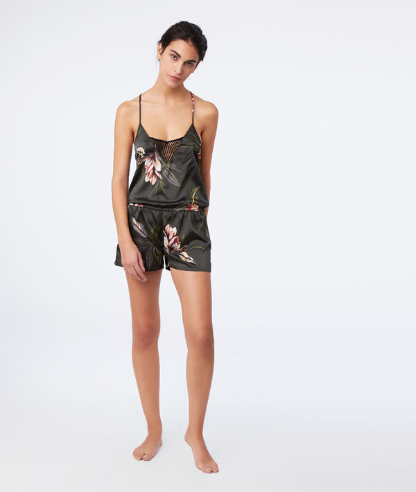 Combishort satinée imprimé floral kaki.