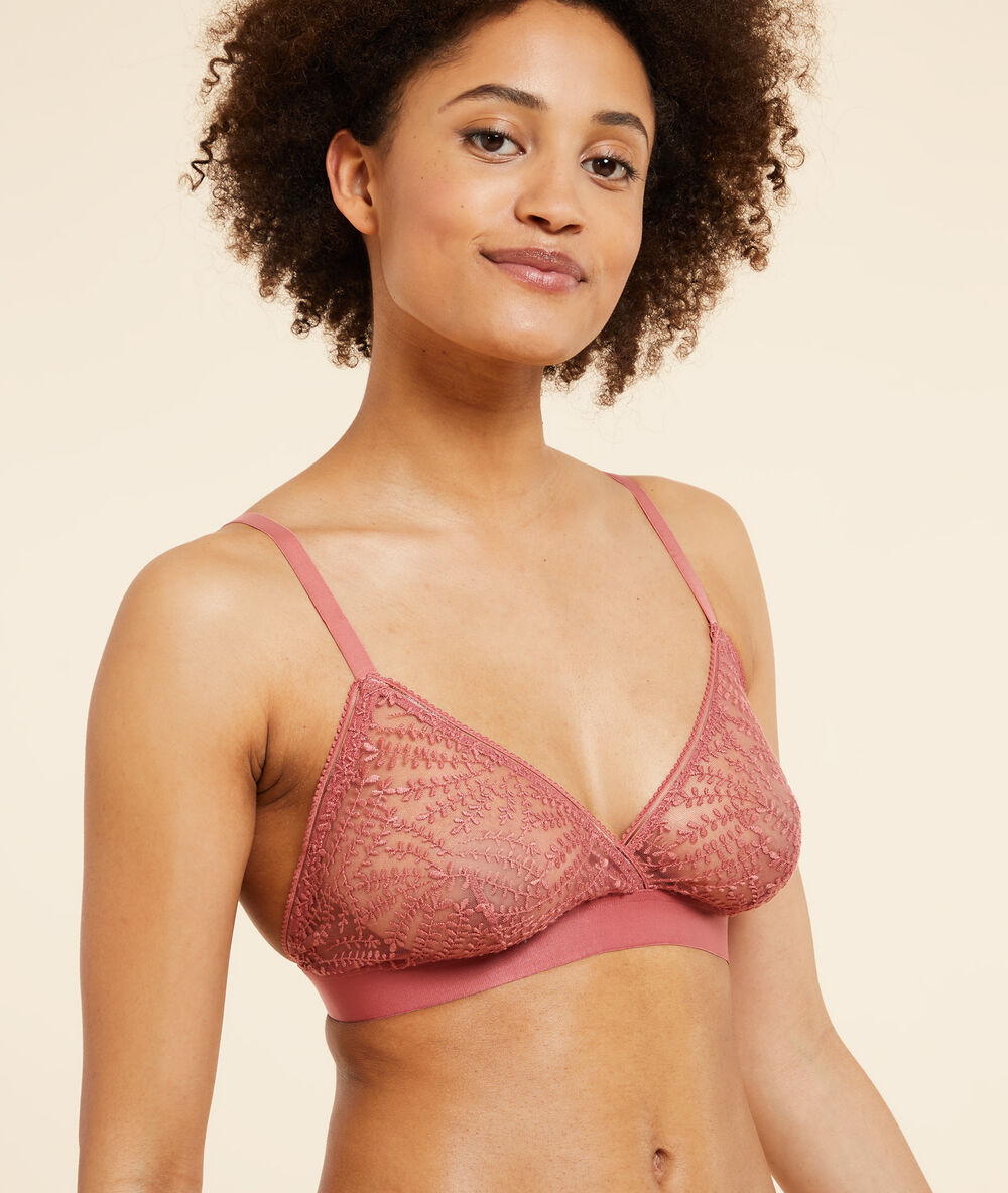 Triangle sans armatures en tulle brodé terracotta.