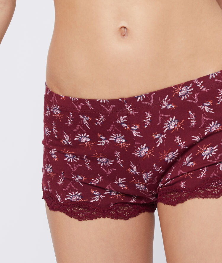 Short imprimé fleuri bas dentelle bordeaux.
