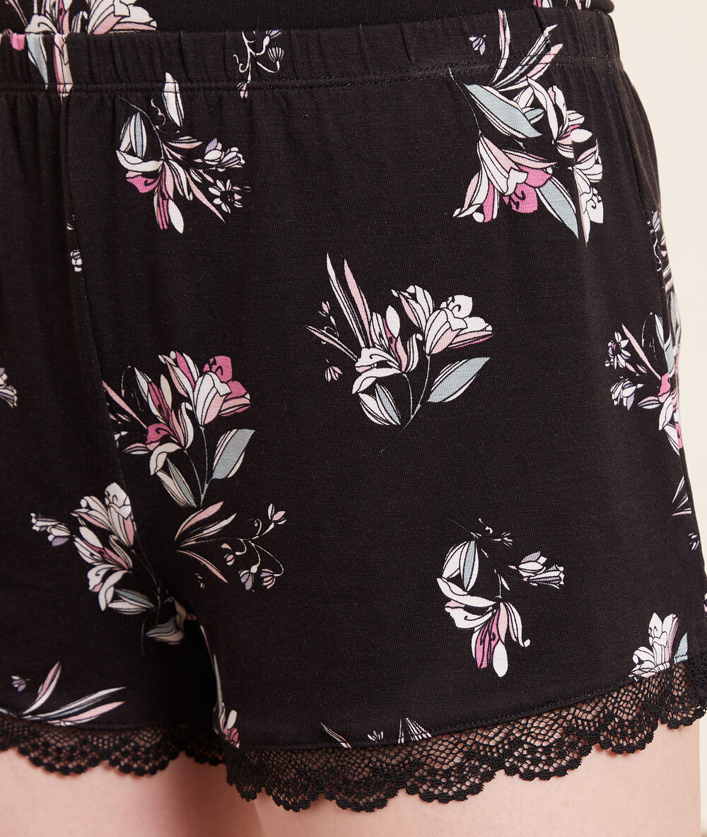 Short de pyjama imprimé bords dentelle noir.