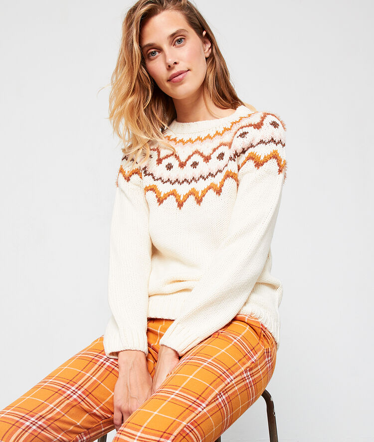 Pull grosse maille motif hivernal ecru.
