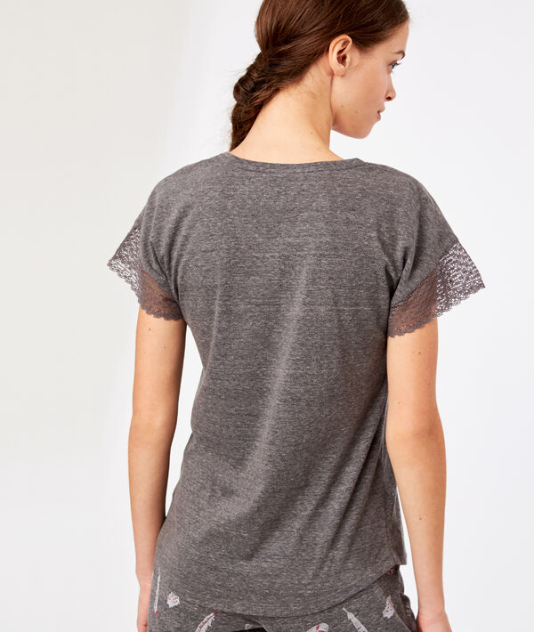 T-shirt manche dentelle imprimé plume T-shirt manche dentelle imprimé plume