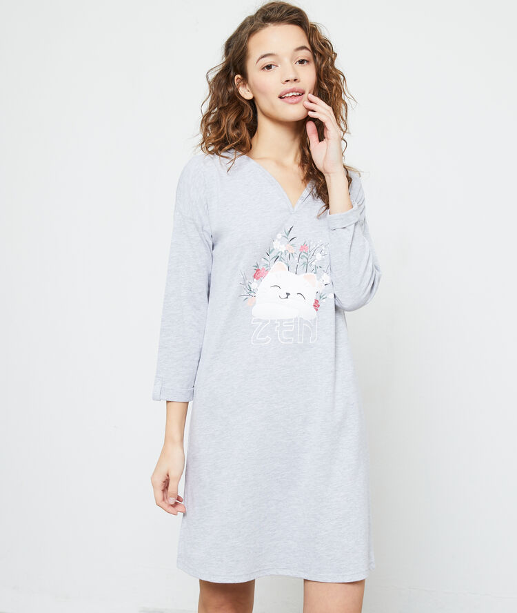 Chemise de nuit chat "zen" gris.