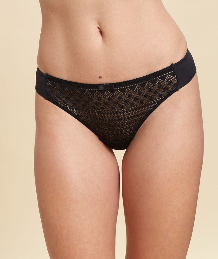 Tanga en microfibre et dentelle graphique noir.