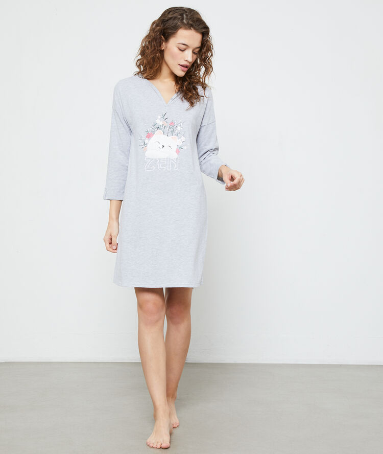 Chemise de nuit chat "zen" gris.