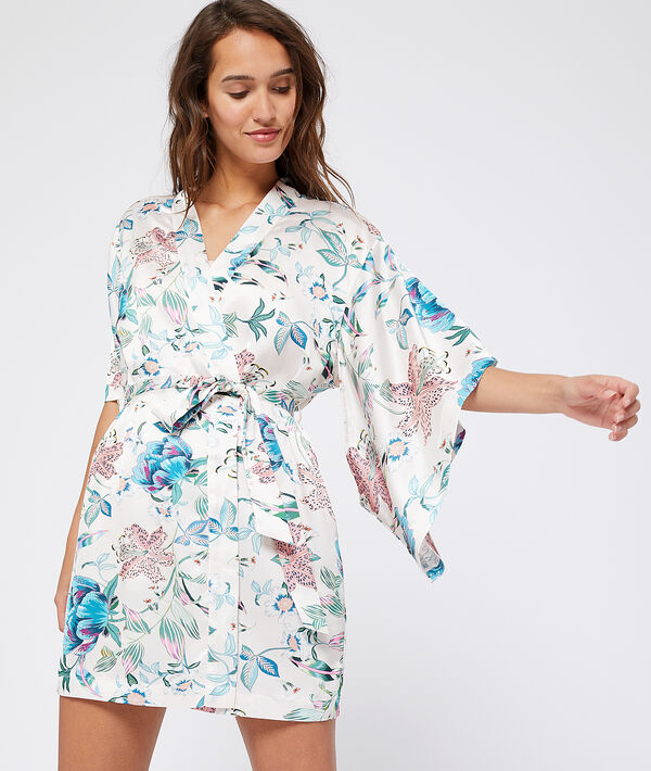 Kimono satiné imprimé fleuri ecru.