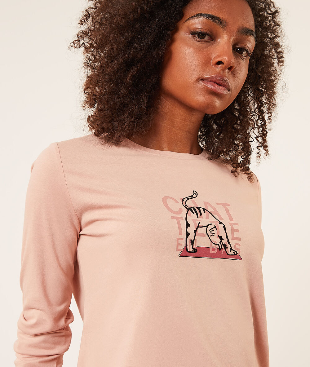 Top manches longues "chat tête en bas" rose poudre.