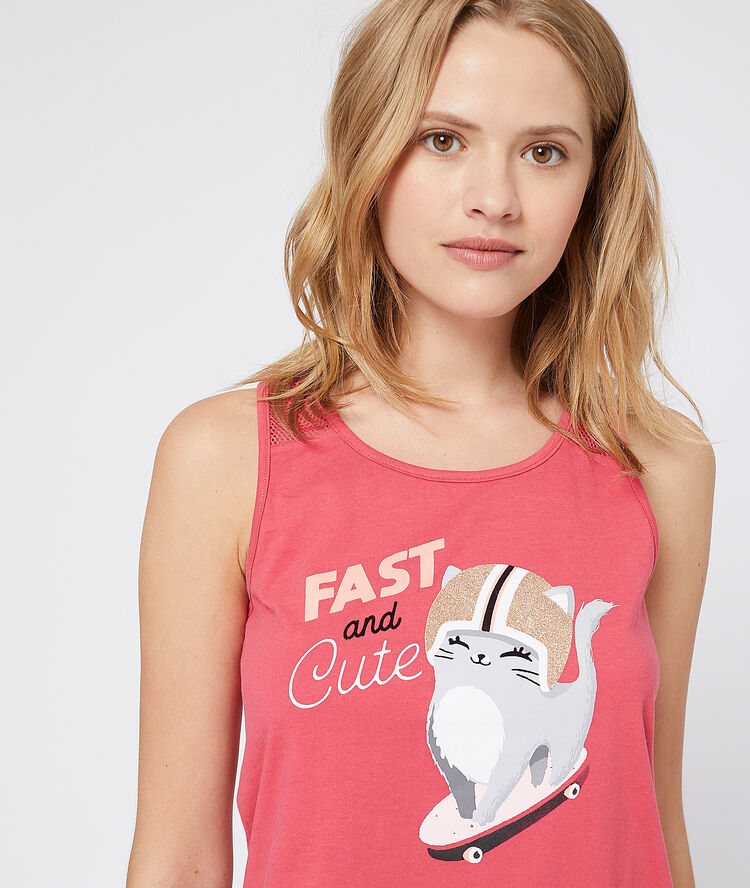 Top imprimé chat "fast and cute" rose.