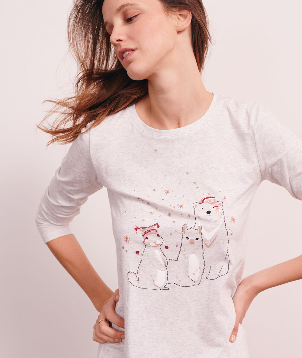 Pyjama 3 pièces imprimé, veste polaire ecru.