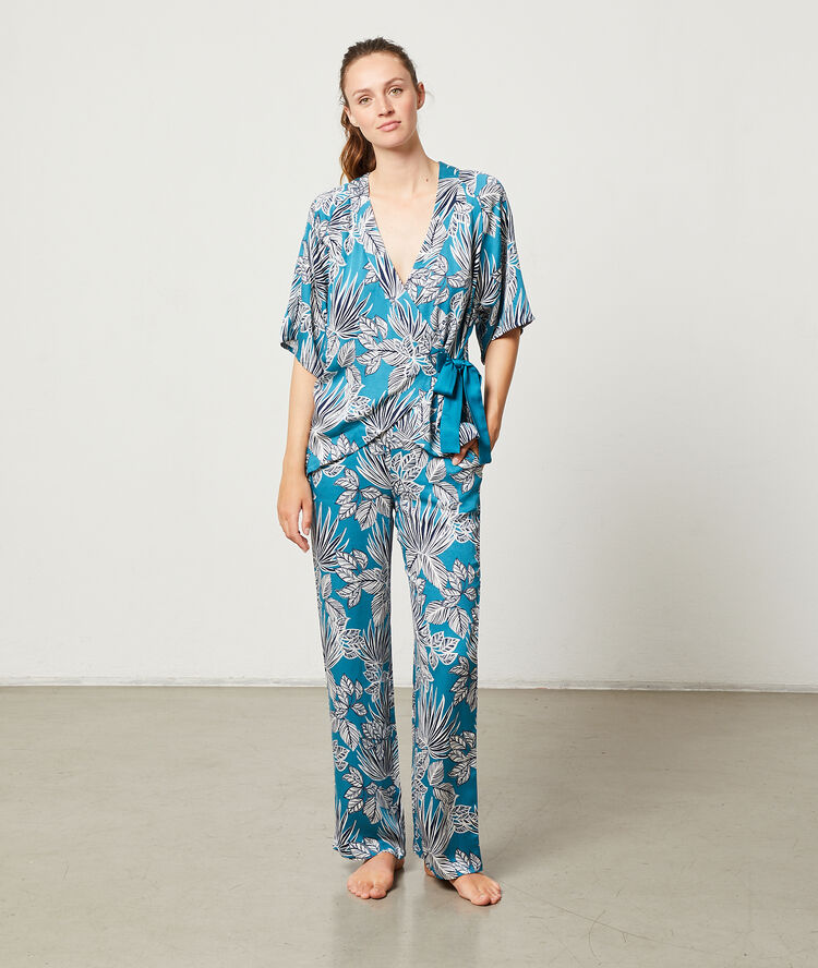 Chemise de pyjama à nouer bleu canard.