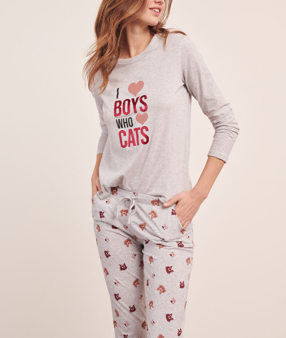 Pyjama 3 pièces " i love boys who love cats", veste polaire gris.