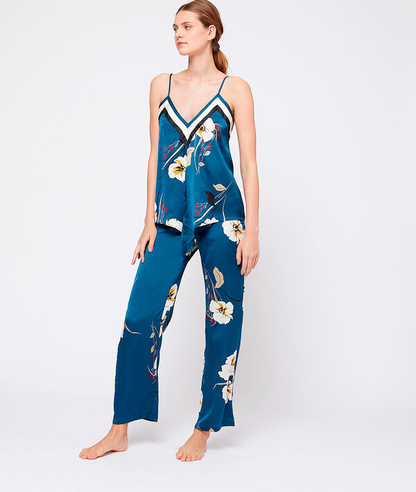Top satin imprimé à nouer bleu.