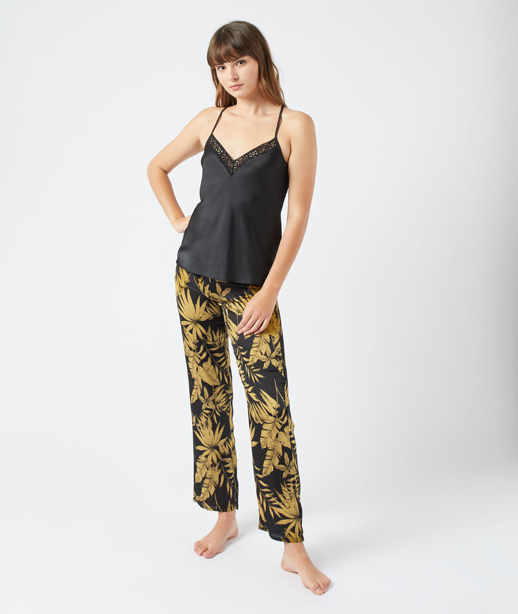 Pantalon imprimé feuillage noir.