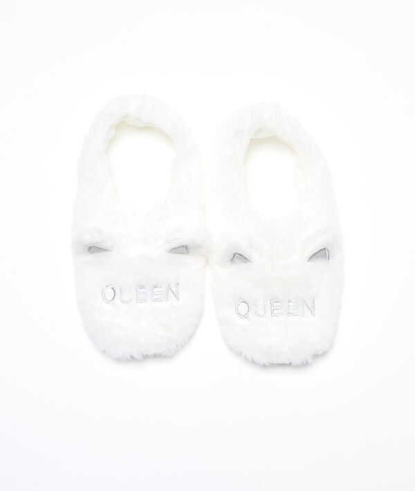 Chaussons fausse fourrure oreilles de chat "green queen" ecru.