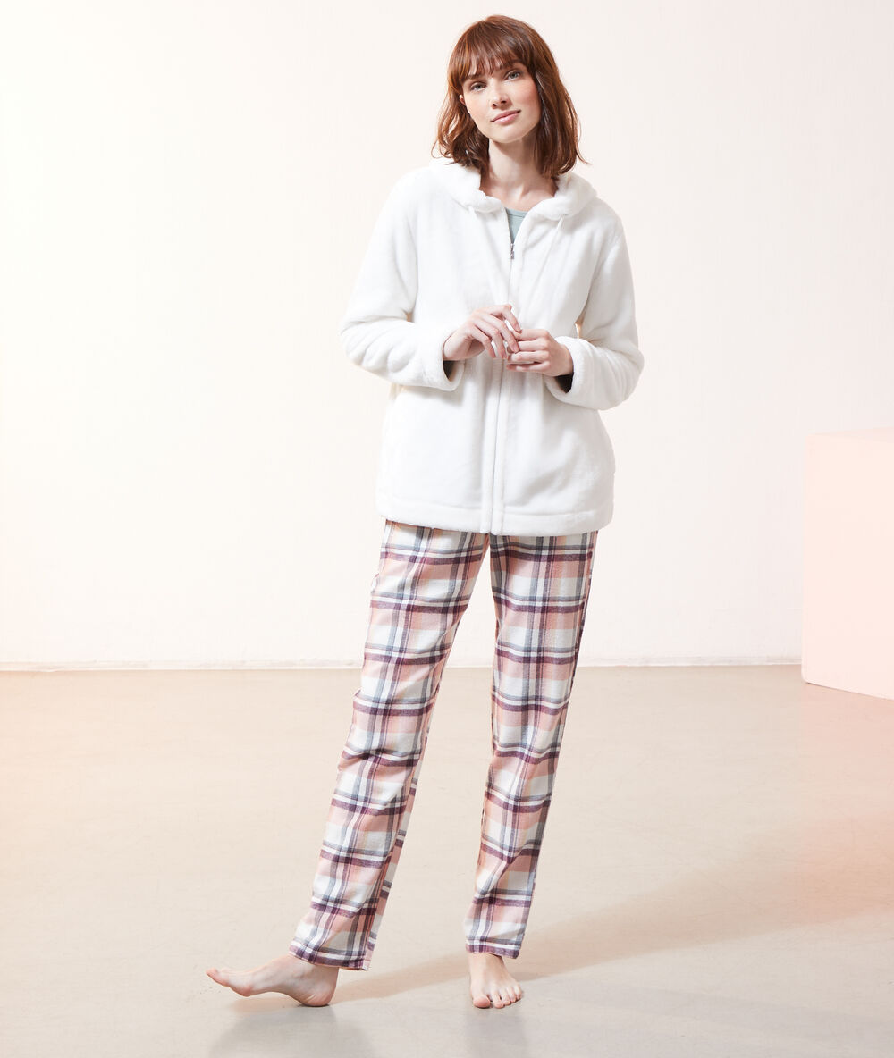 Veste polaire à capuche homewear ecru.