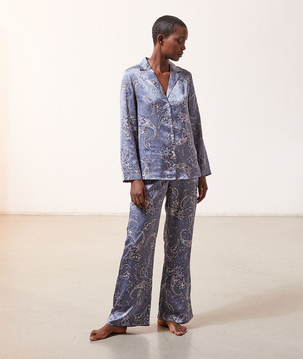 Pantalon satiné imprimé bleu.