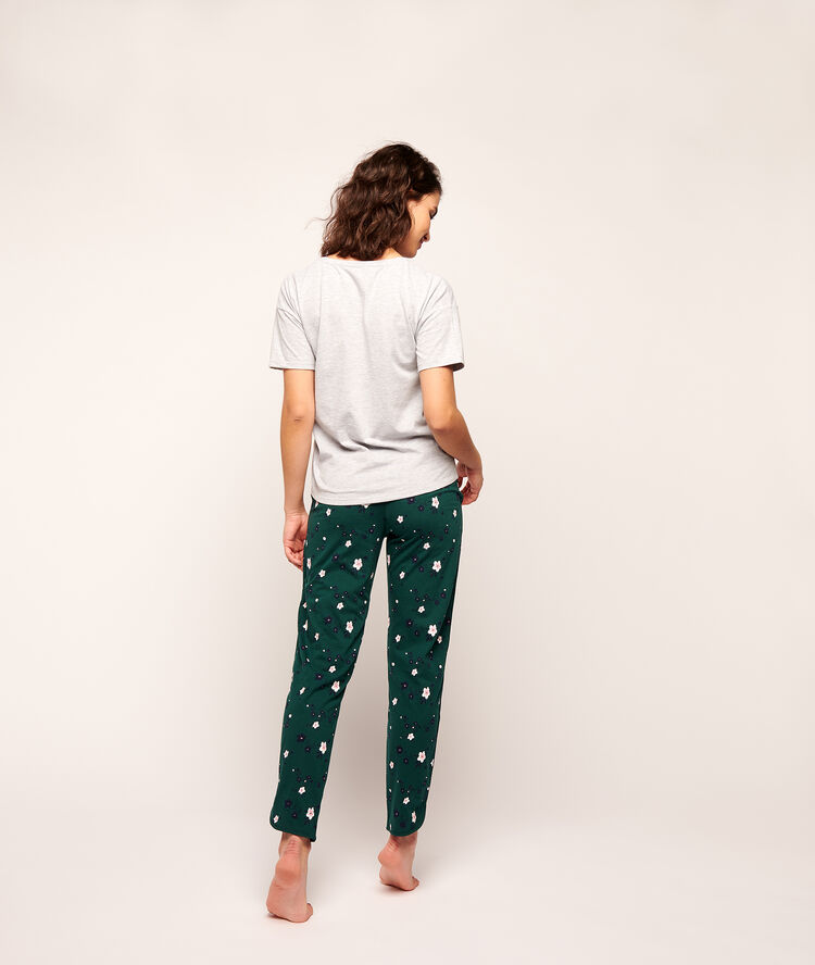 Pantalon imprimé petites fleurs vert fonce.