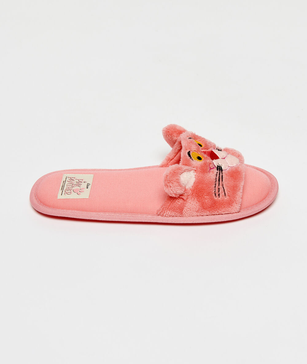 Chaussons doudou ouverts panthère rose rose.