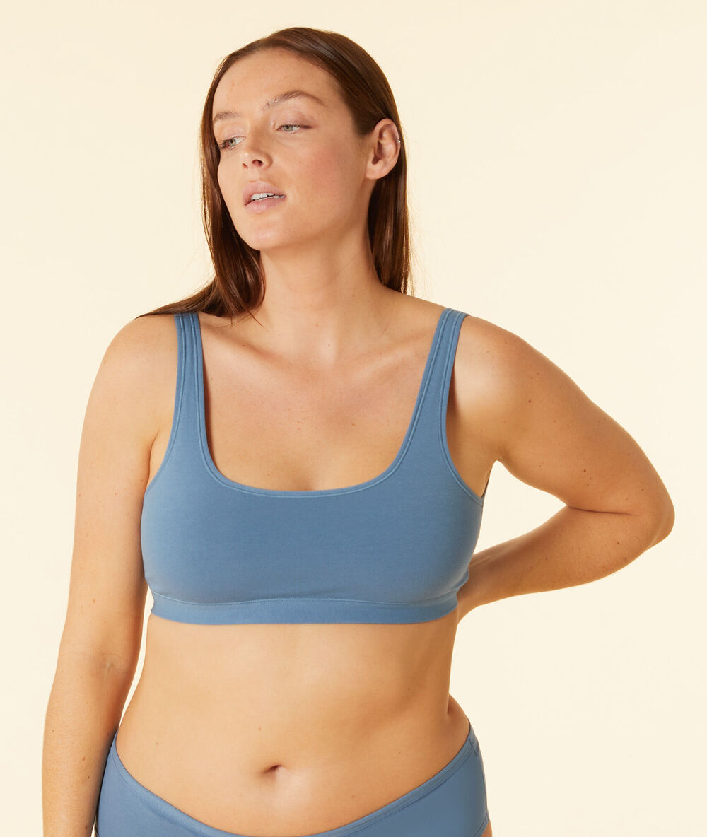Brassière réversible en coton bio extensible bleu.