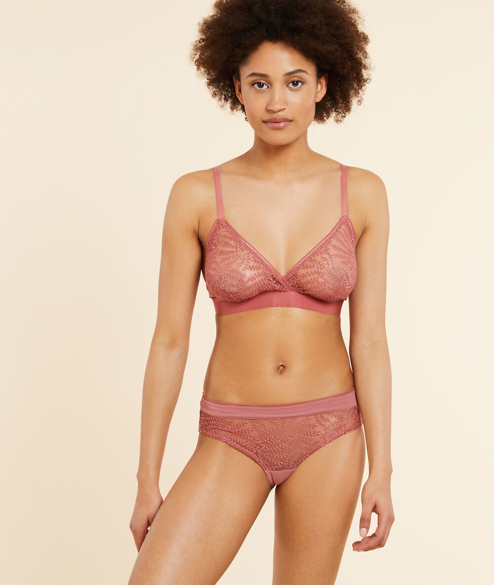 Triangle sans armatures en tulle brodé terracotta.