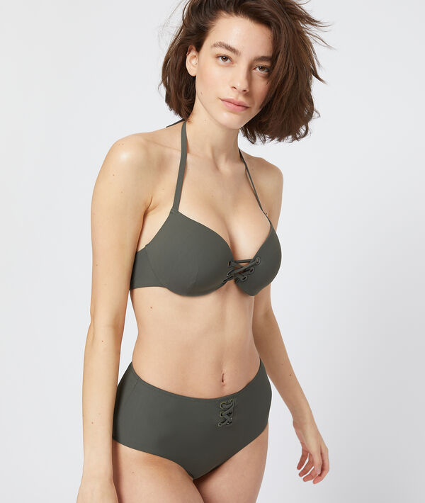 Haut de maillot de bain push-up, laçages et œillets kaki.