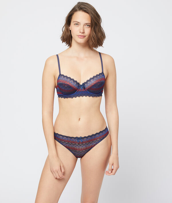 Soutien-gorge corbeille en dentelle géométrique marine.