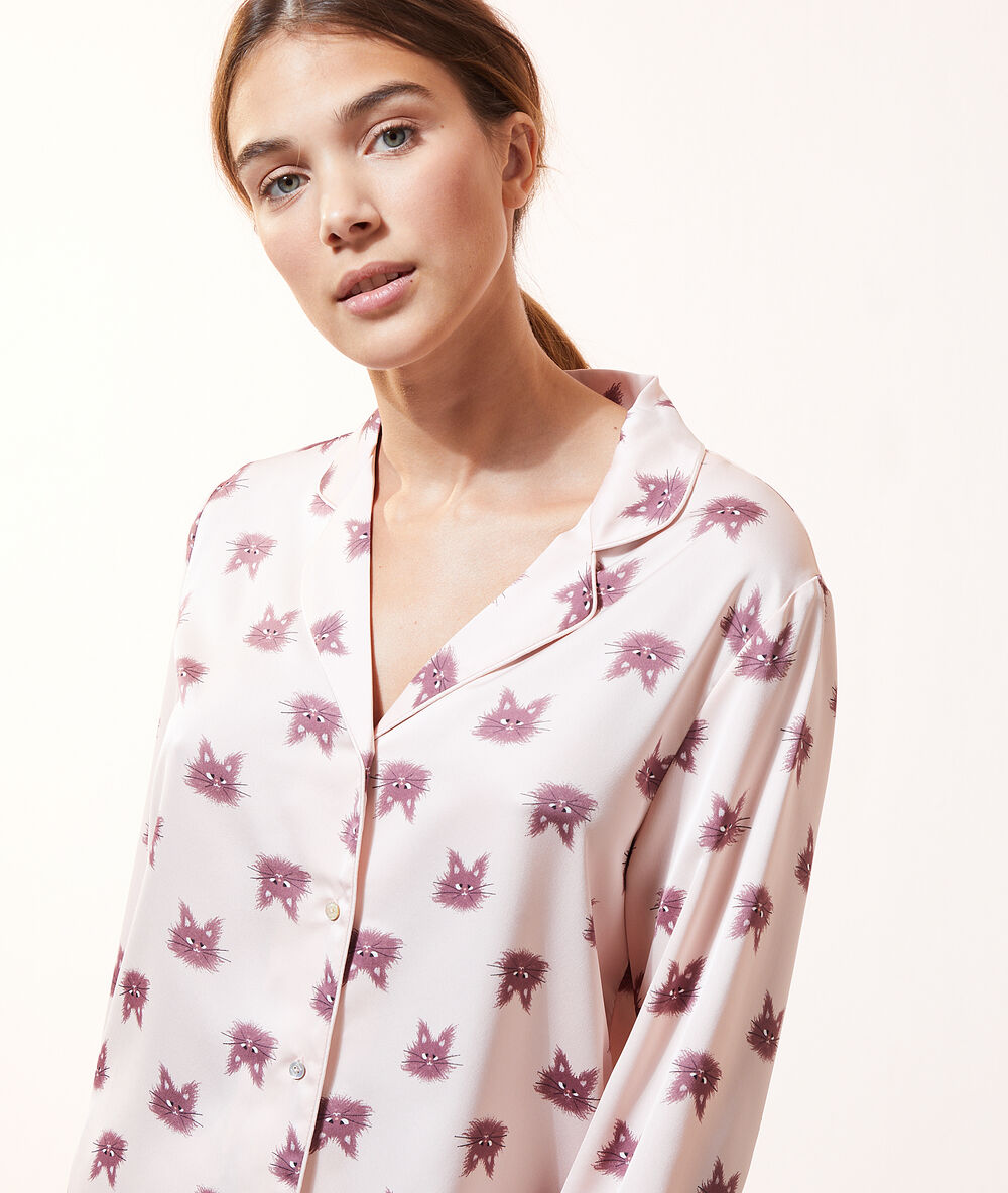 Chemise manches longues imprimé chats rose.