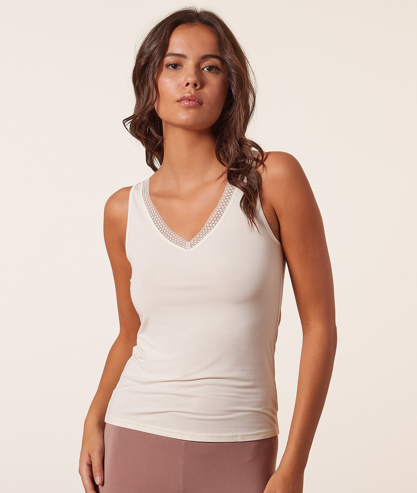 Top sans manches maille thermique col dentelle - Warm Me Up Lace - XS - Ecru - Femme - Etam
