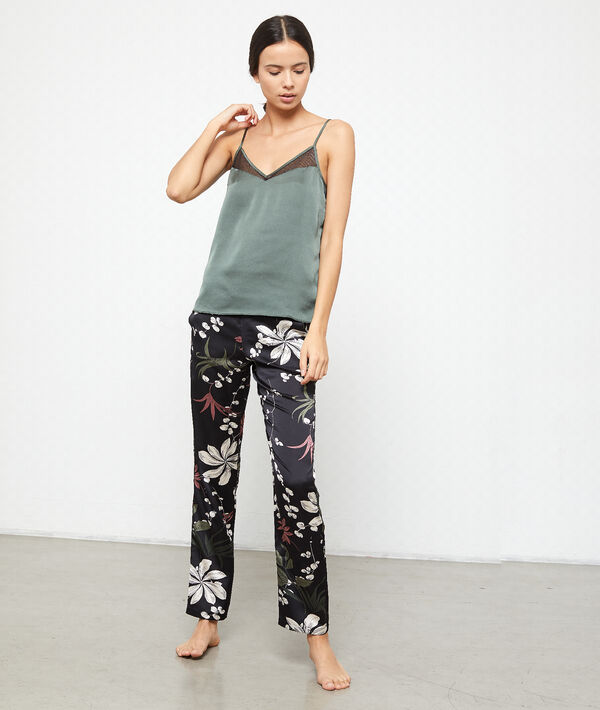 Pantalon satiné imprimé fleuri noir.