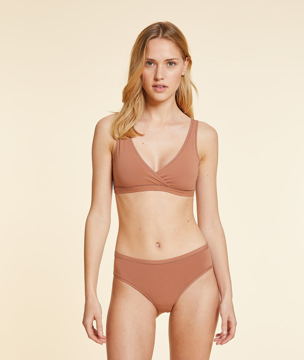 Brassière réversible en coton bio extensible chocolat.