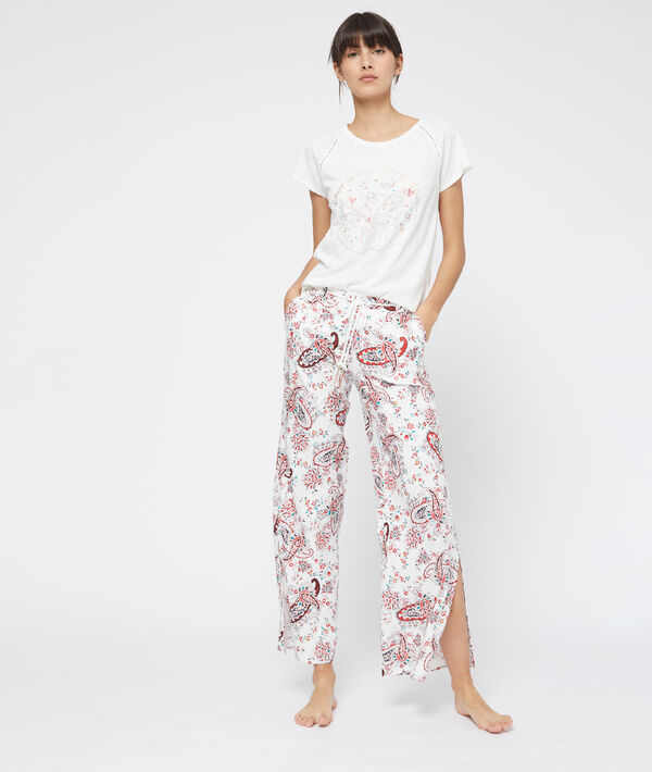Pantalon imprimé cachemire ecru.