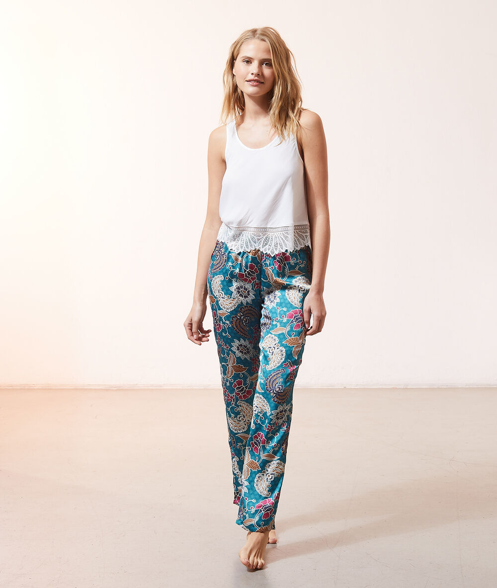 Pantalon de pyjama imprimé et satiné bleu canard.