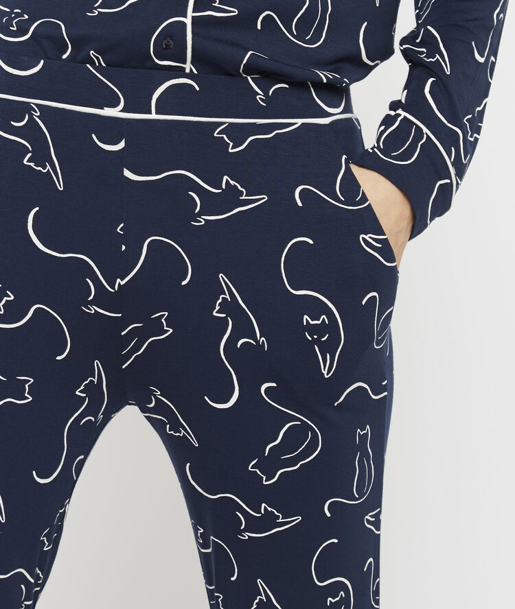 Pantalon imprimé chats marine.