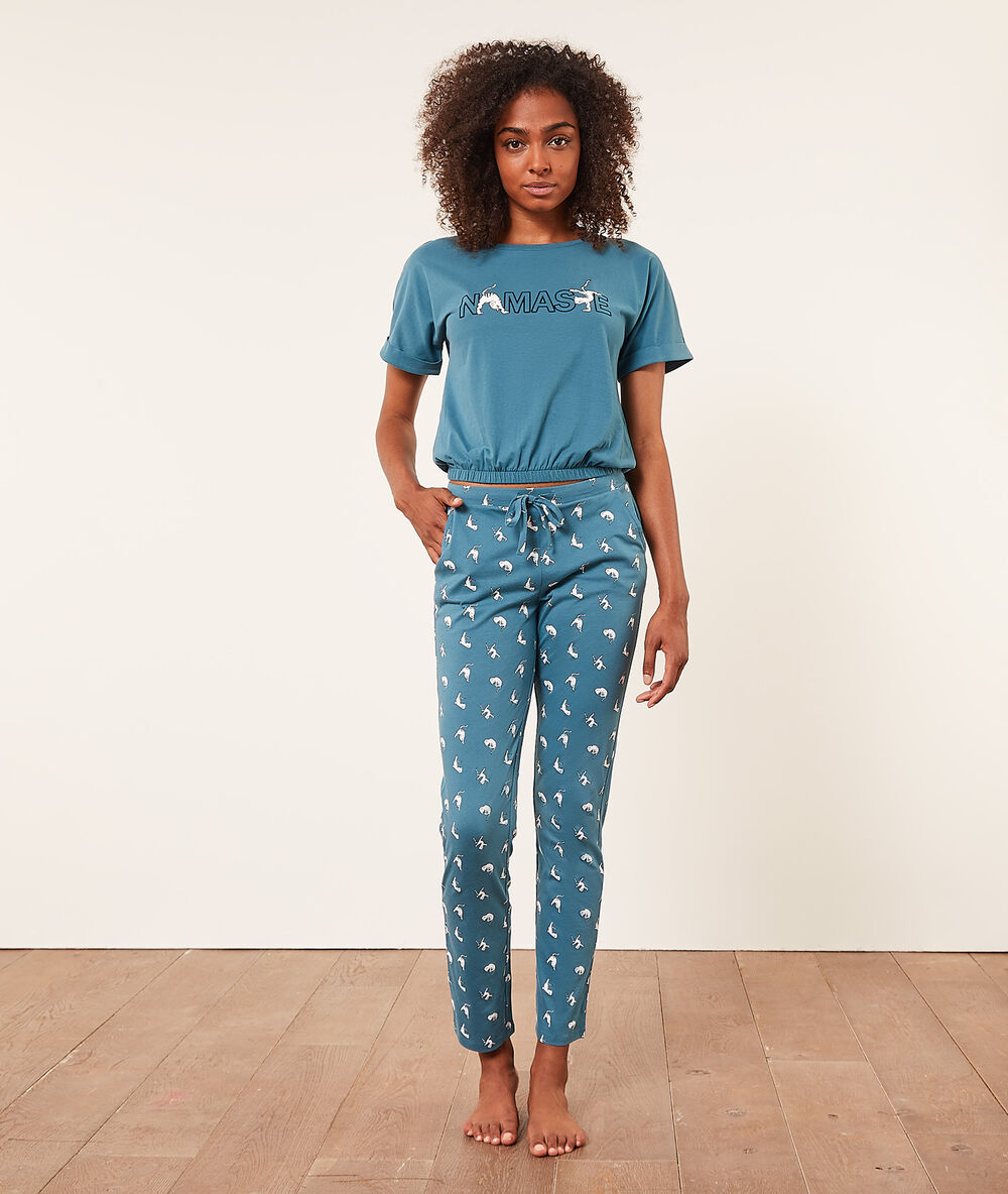 Top manches courtes "namaste" bleu canard.