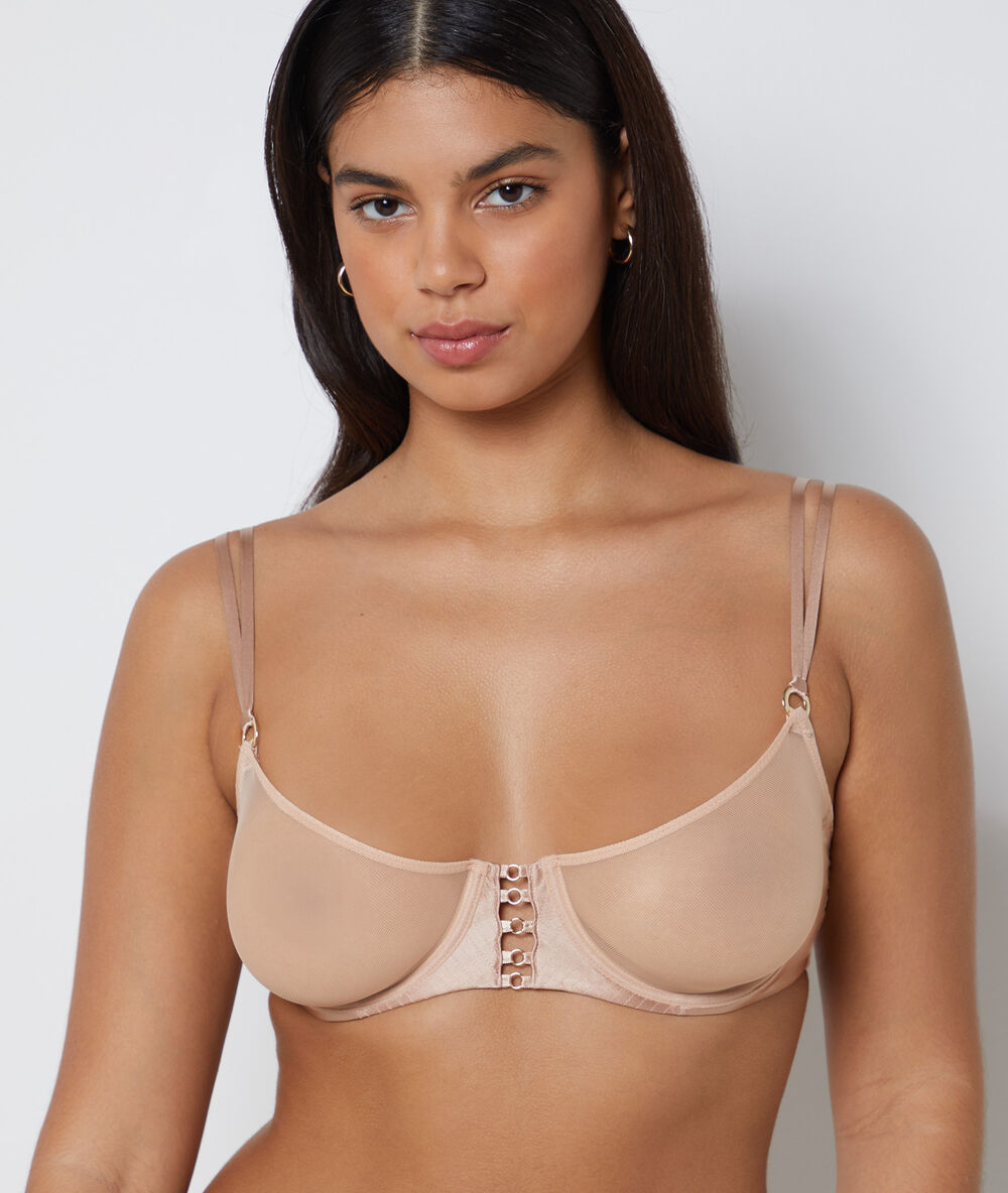 Soutien-gorge classique sans coques en soie et tulle blush.