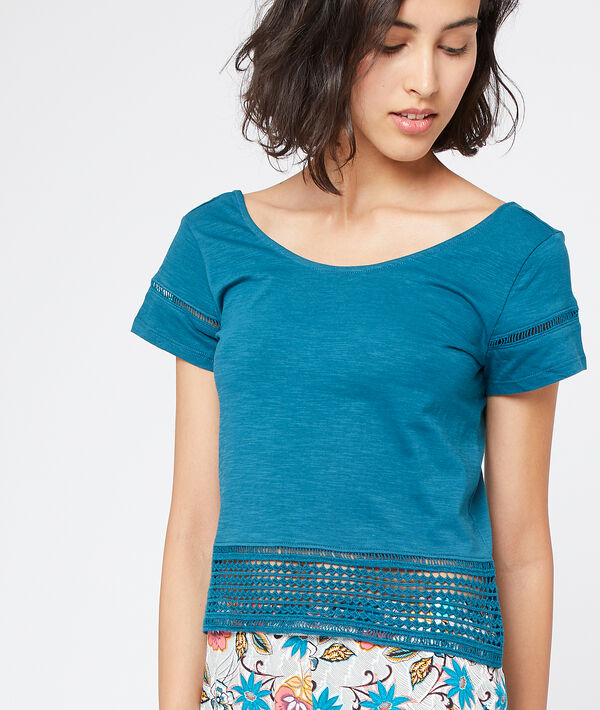 Top en coton bas en dentelle bleu petrole.