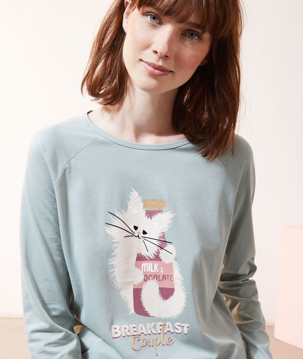 T-shirt imprimé chat "breakfast couple" vert.
