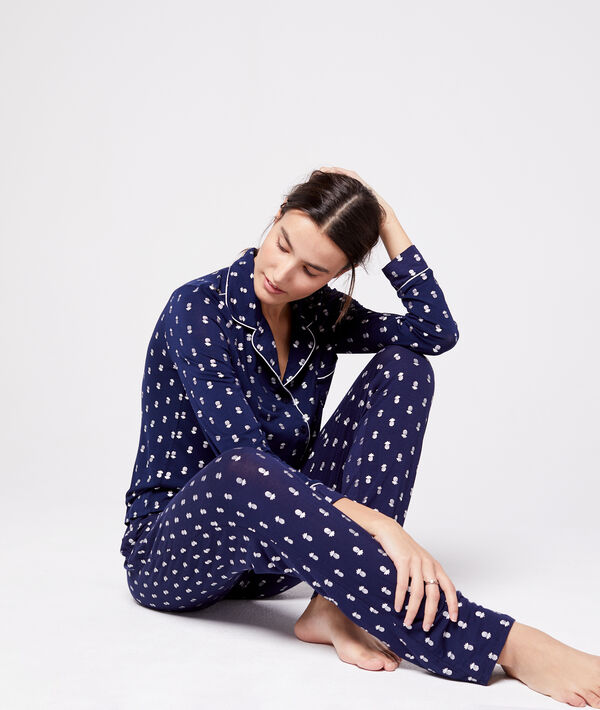 Pantalon noué à motifs ananas bleu nuit.
