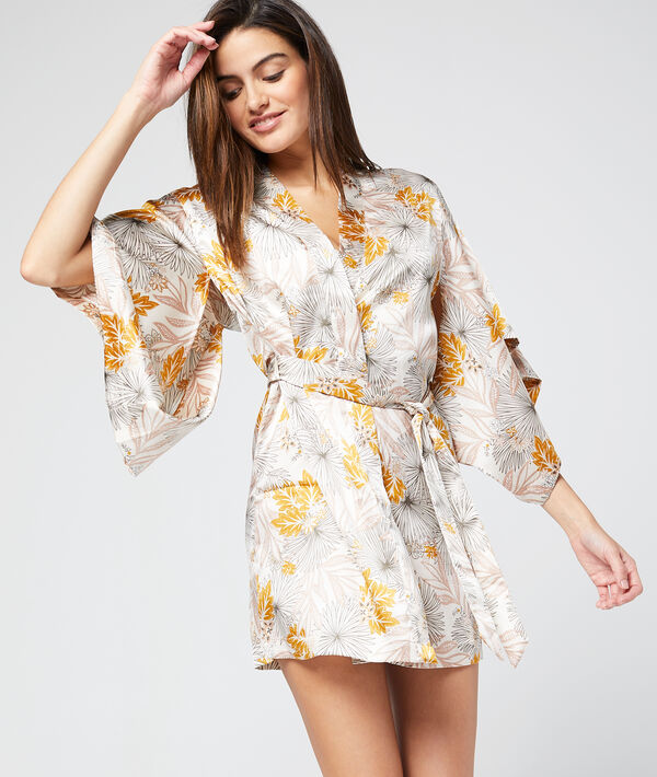 Kimono déshabillé satin imprimé ecru.